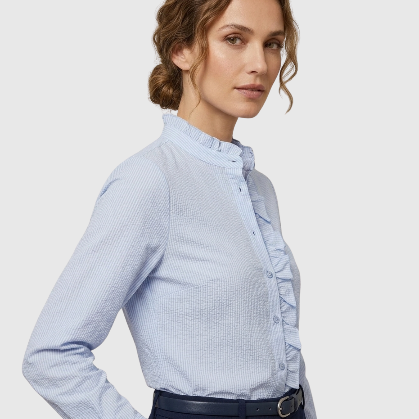 Chemisier femme à volants manches longues boutonné col V