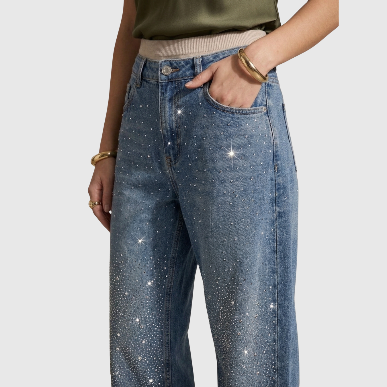 Jean large femme taille haute coupe oversize denim effet brillant