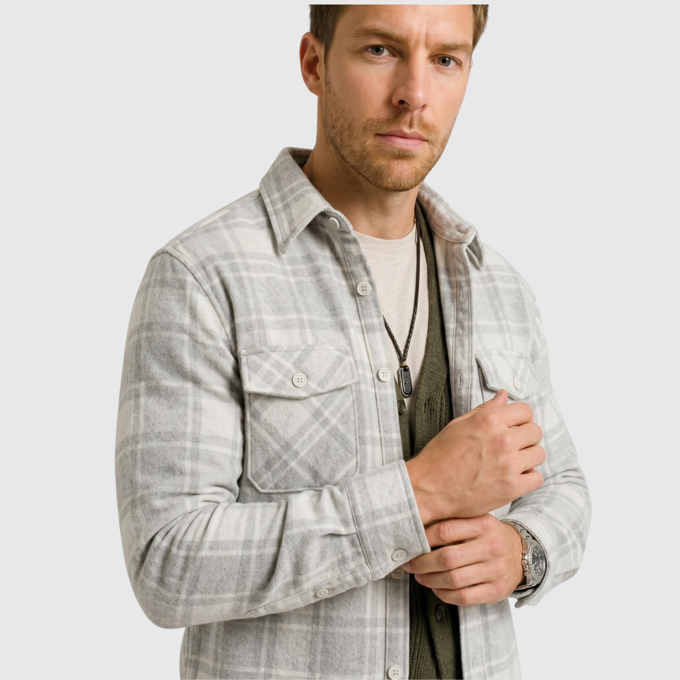 Chemise homme à carreaux coton polyester manches longues coupe décontractée