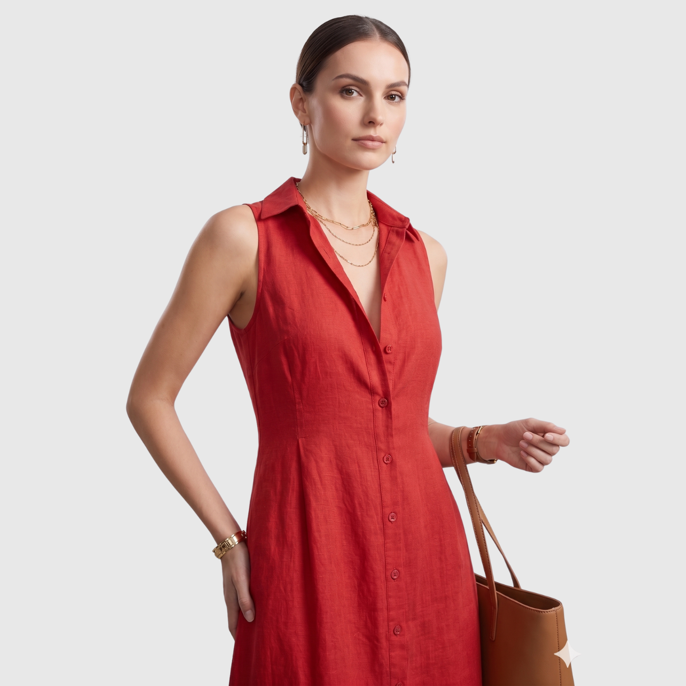 Robe chemise longue femme sans manches mélange lin boutonnée