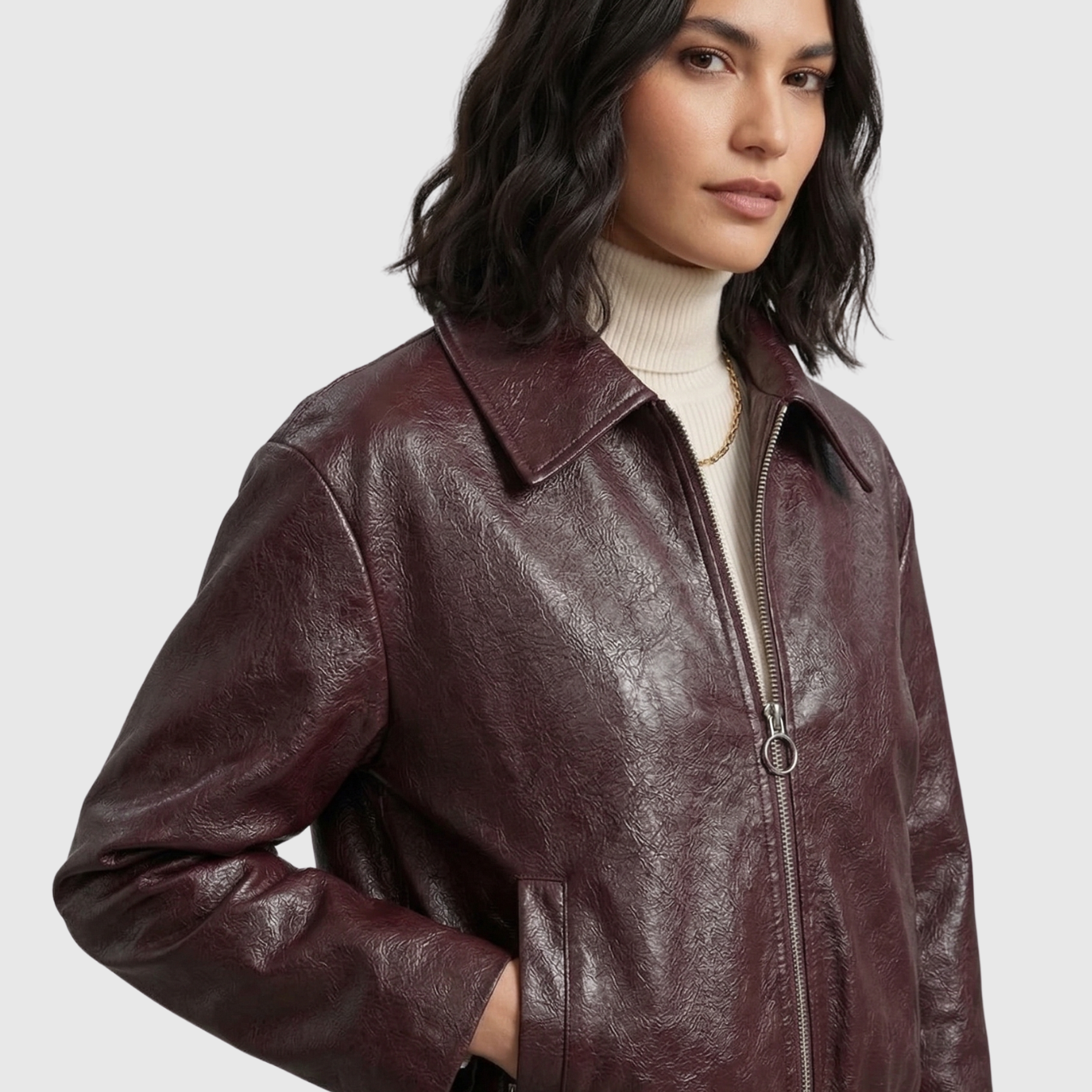 Veste similicuir femme zippée col chemise coupe courte manches longues