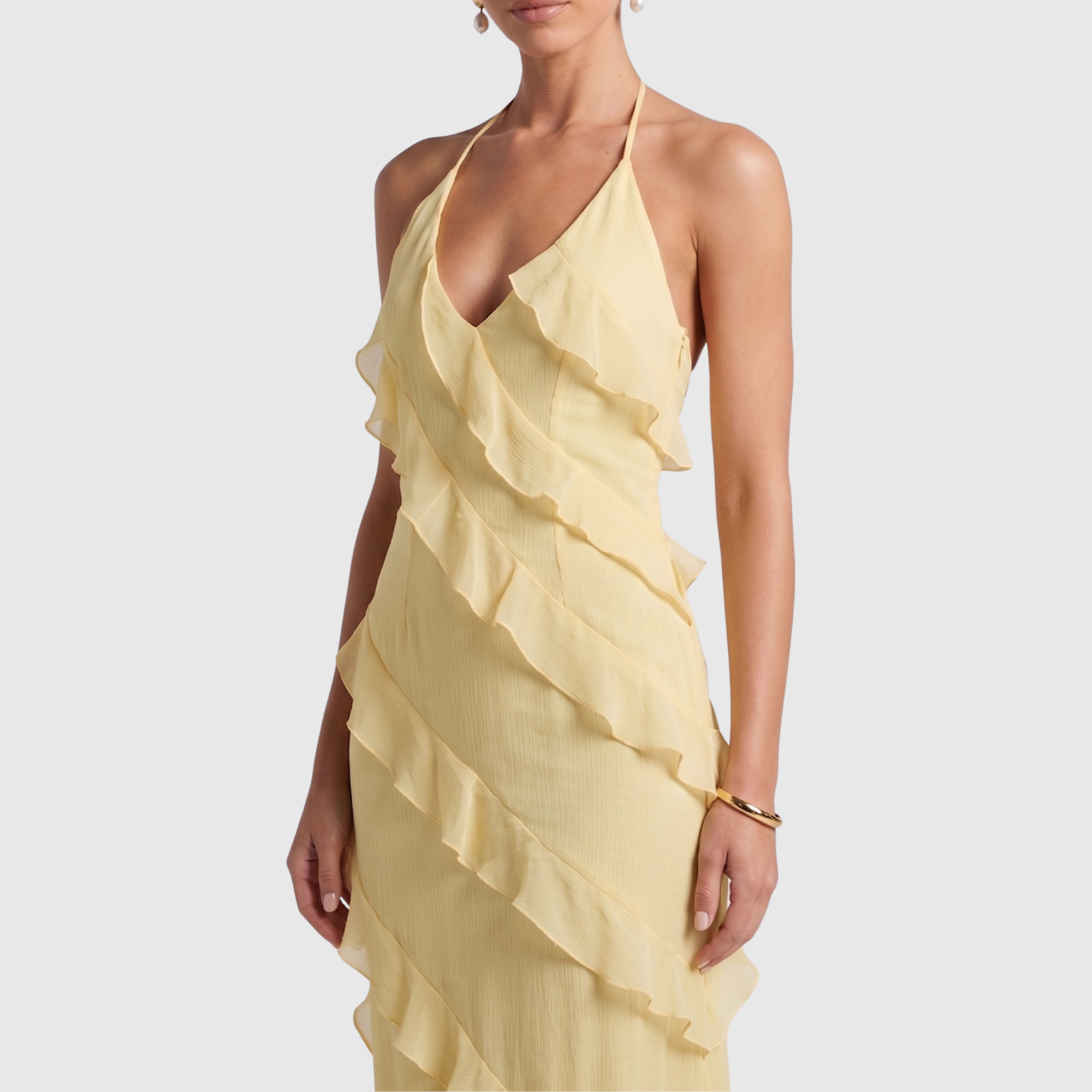 Robe longue femme dos nu à volants coupe fluide col halter