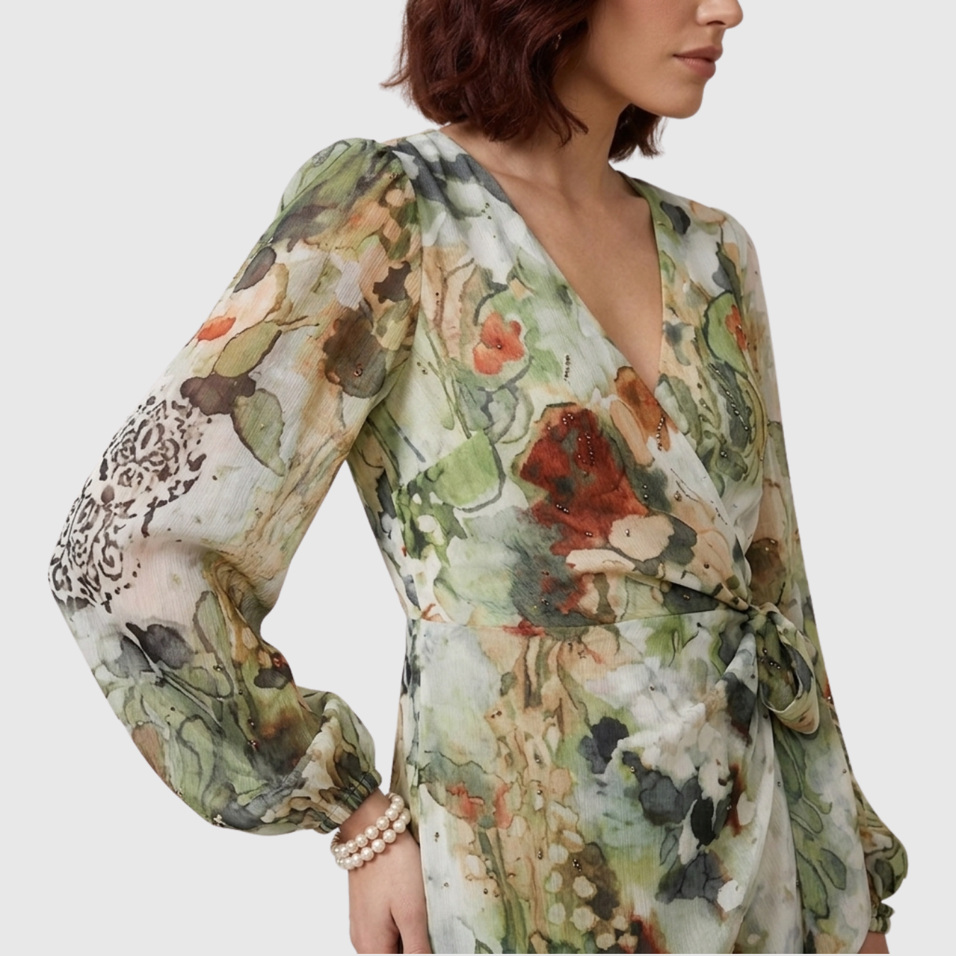 Robe courte portefeuille femme manches longues col en V coupe ajustée imprimé floral