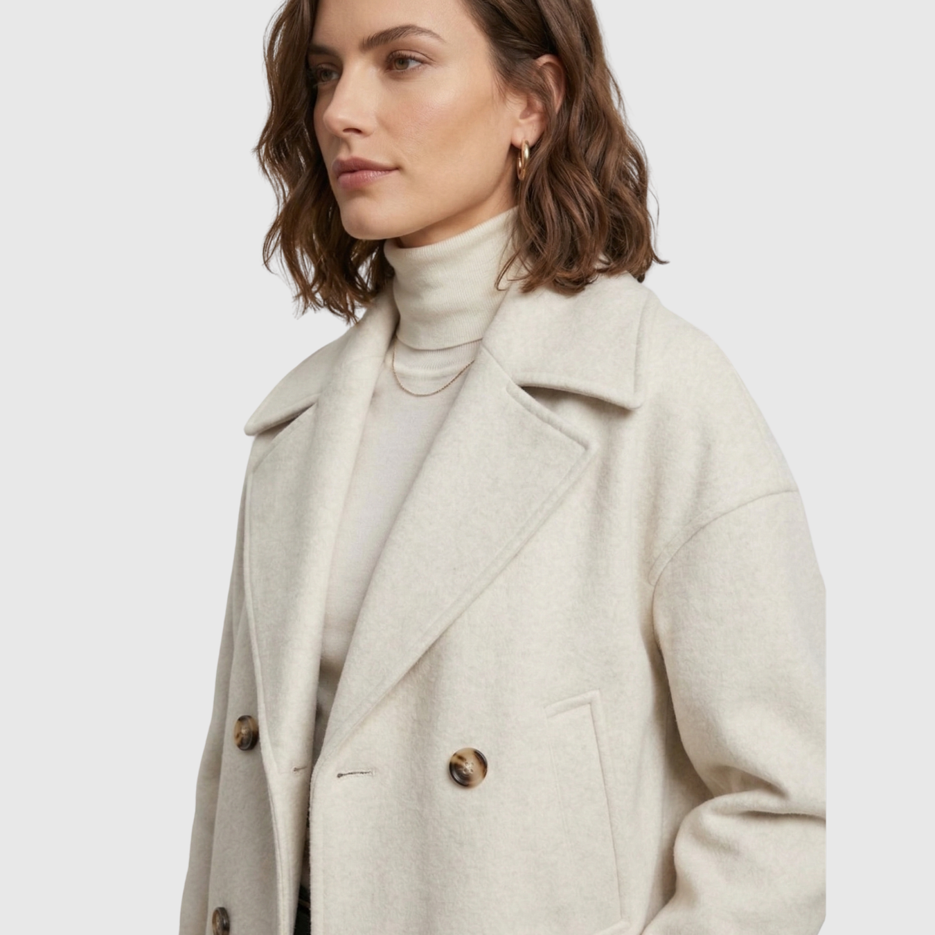 Manteau court femme croisé col large manches longues coupe droite
