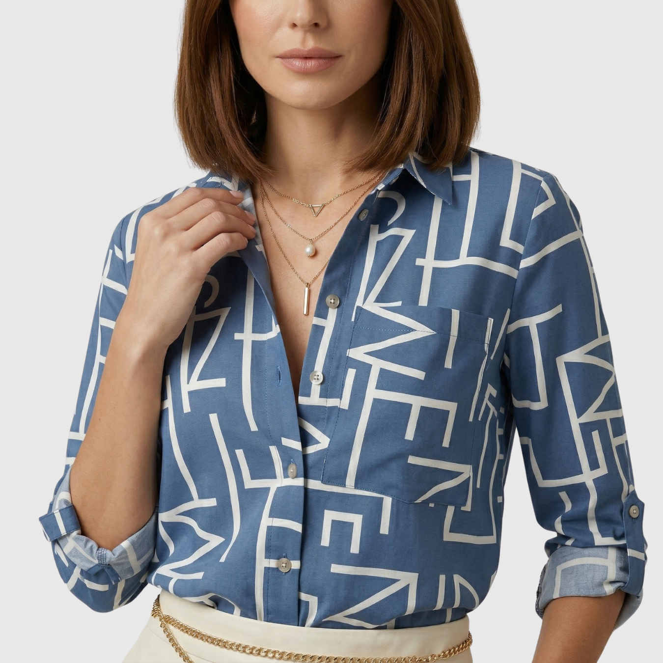 Chemisier femme manches longues imprimé col rabattu coupe fluide boutonné