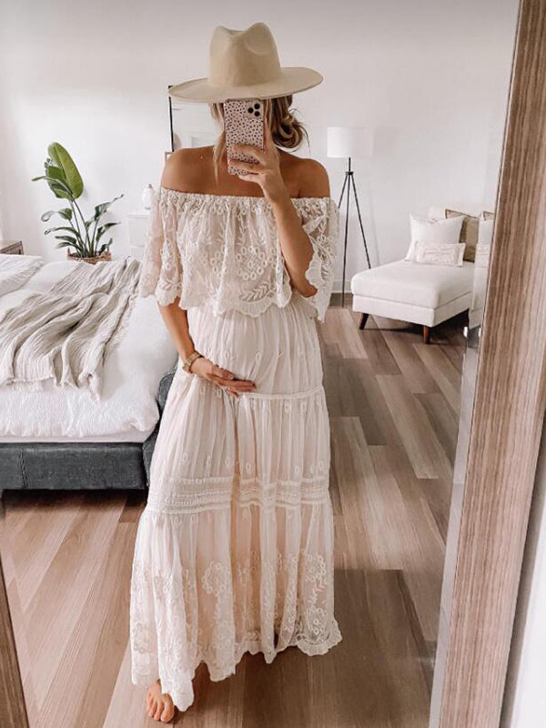 Robe Maternité Longue Dentelle Épaules Dénudées Volants