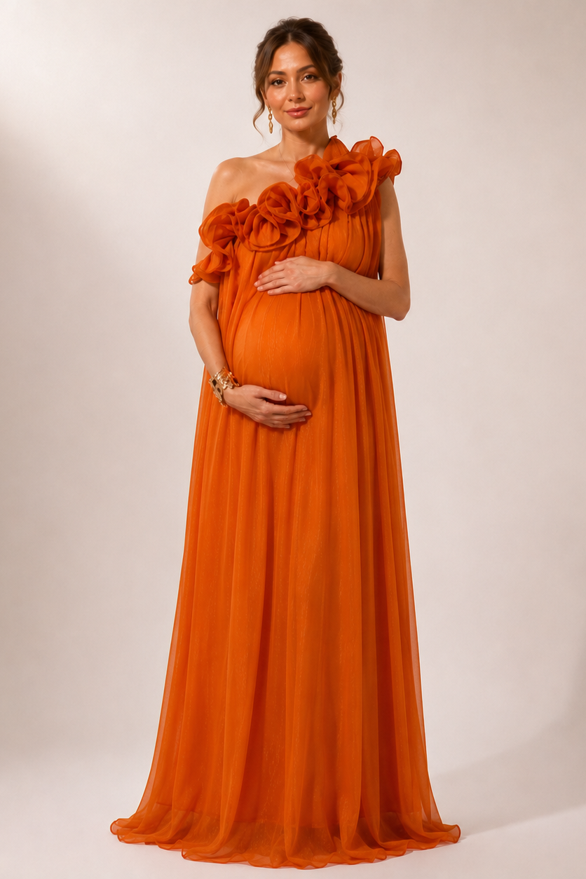Robe Maxi Maternité Une Épaule Volant Asymétrique