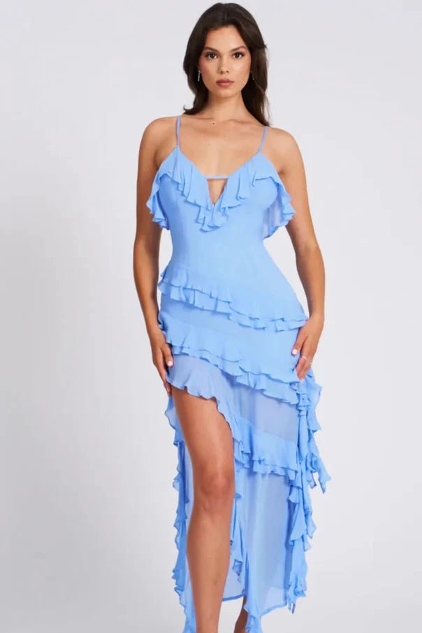 Robe femme à volants bretelles asymétrique légère