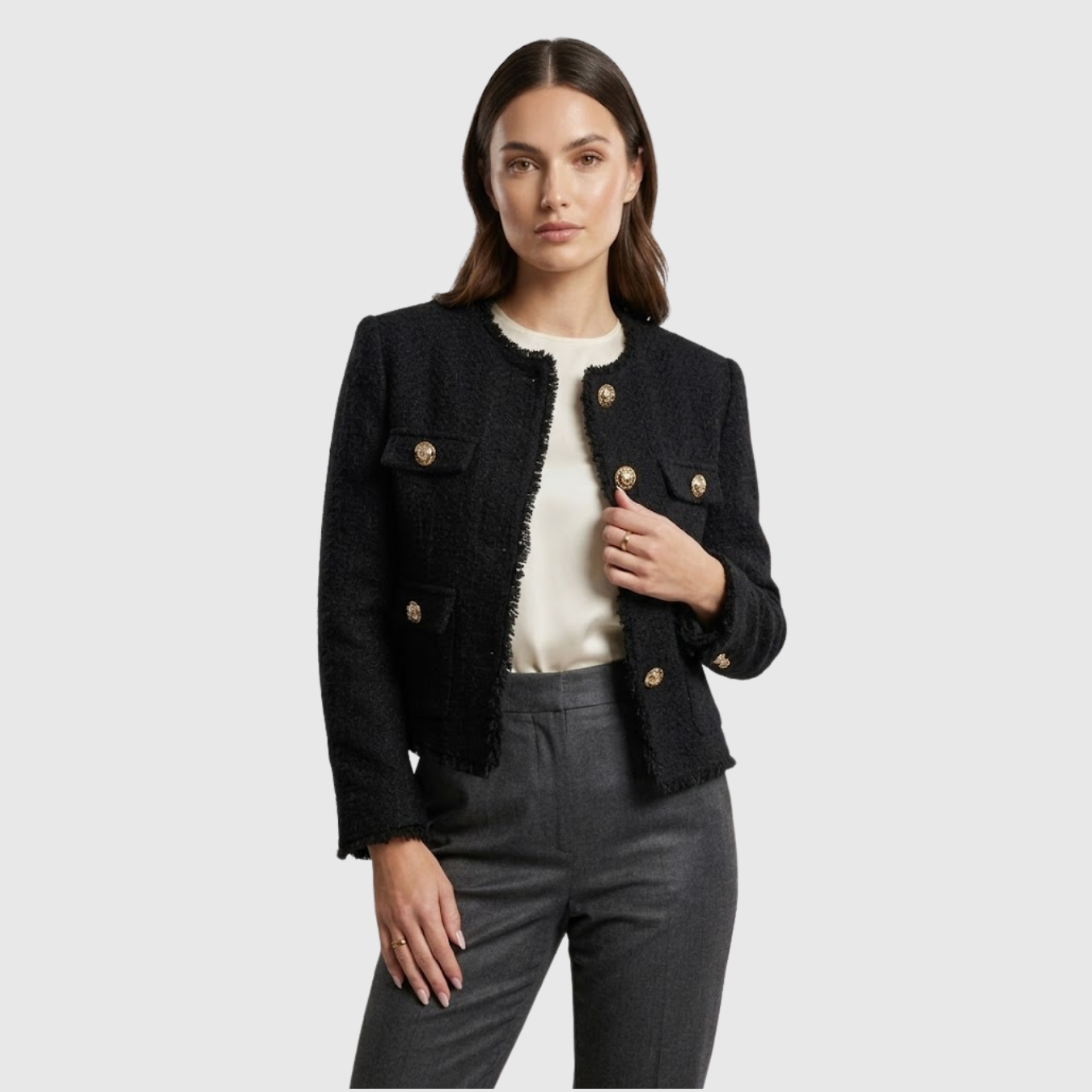 Veste femme tweed cintrée boutonnée col rond manches longues