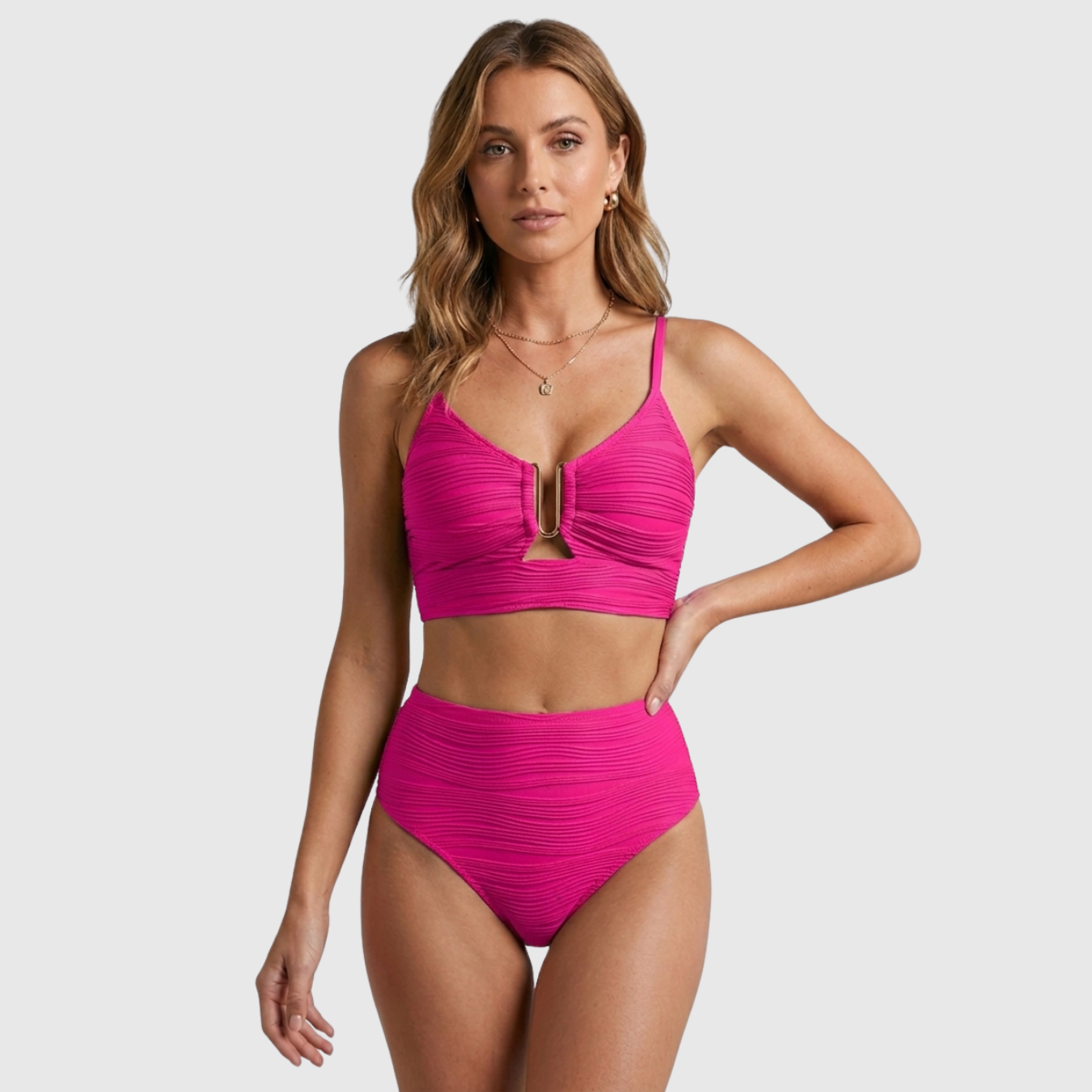 Bikini taille haute femme texturé avec découpe U et deux pièces