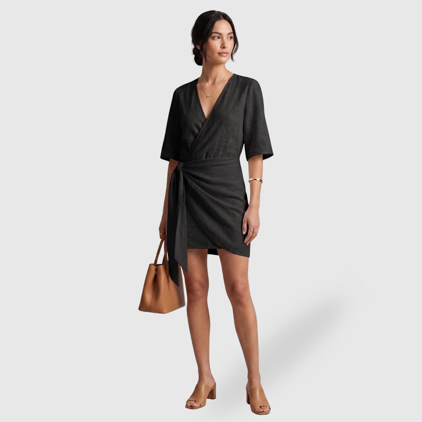 Robe portefeuille femme courte col V manches courtes ourlet asymétrique