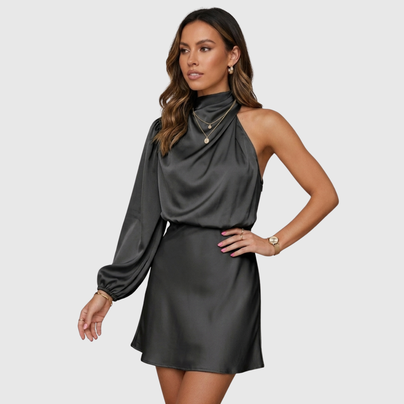Robe asymétrique femme une épaule manches longues