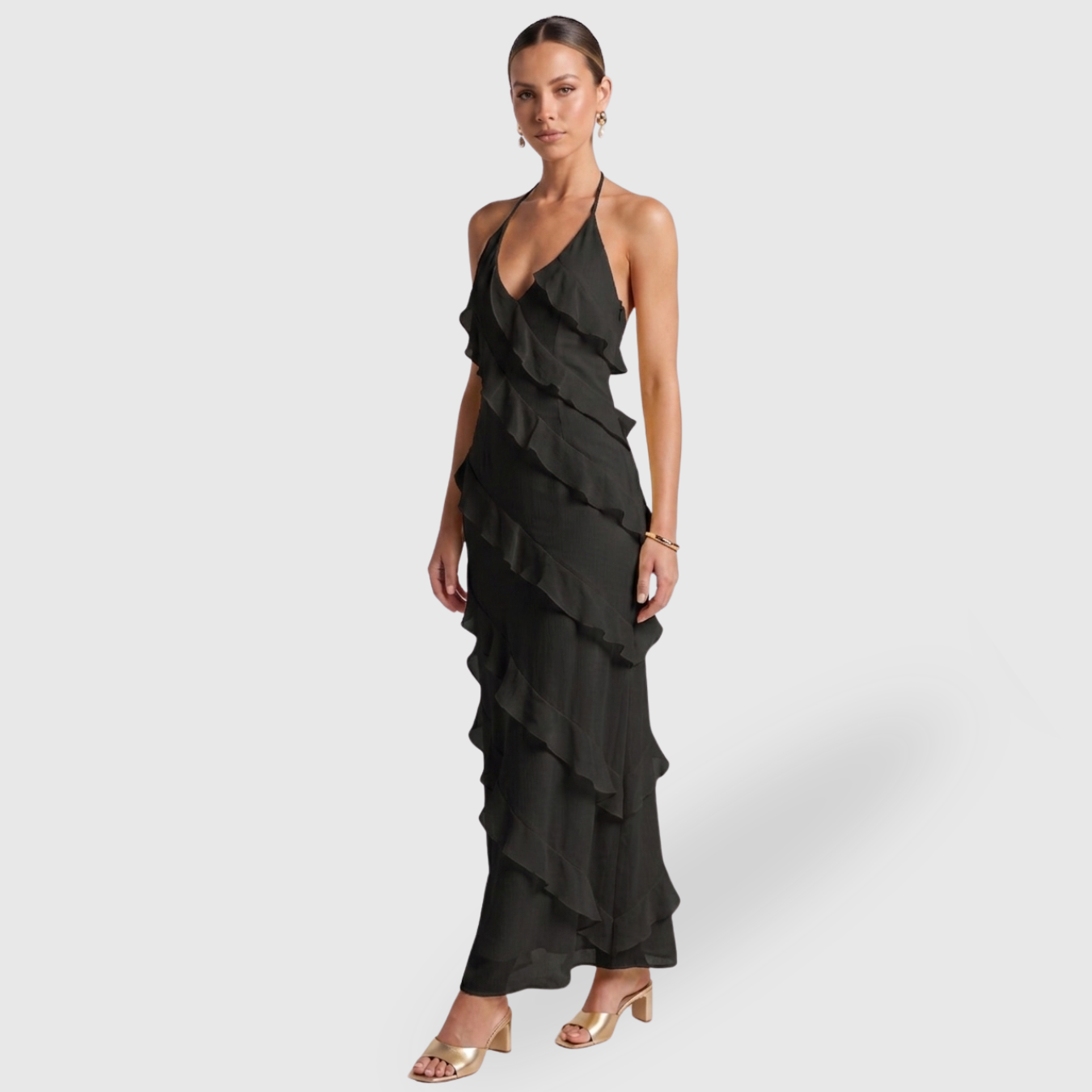 Robe longue femme dos nu à volants coupe fluide col halter