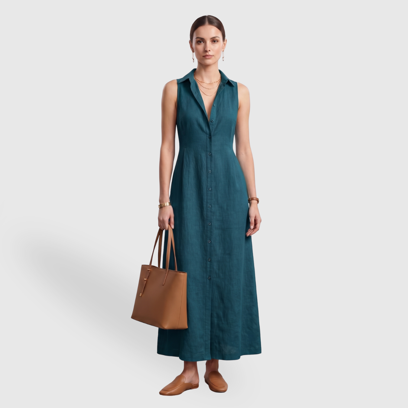Robe chemise longue femme sans manches mélange lin boutonnée