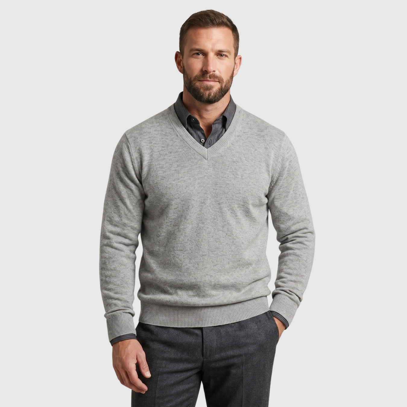 Pull homme cachemire col V coupe ajustée manches longues