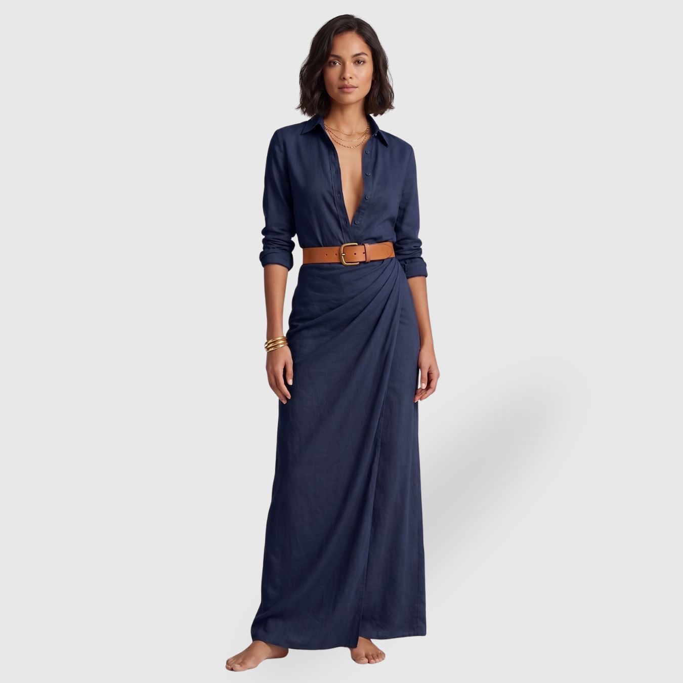 Robe longue portefeuille femme col revers manches longues