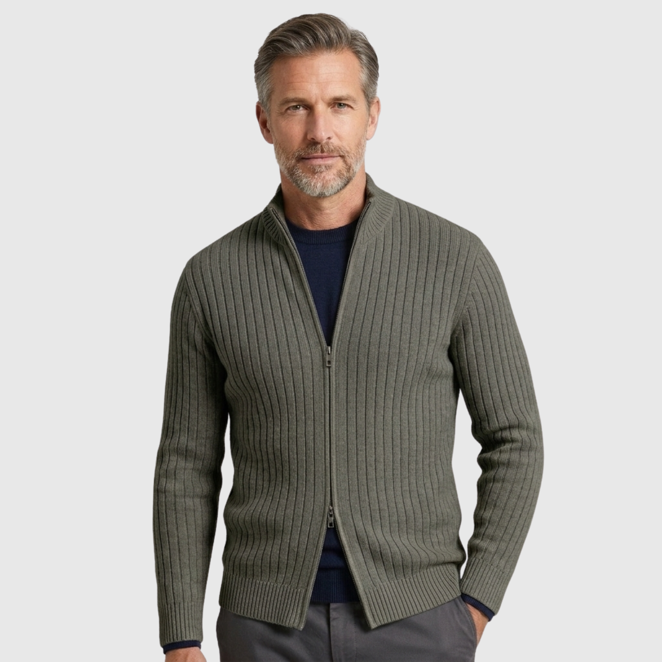 Gilet homme maille côtelée zippé col montant coupe ajustée