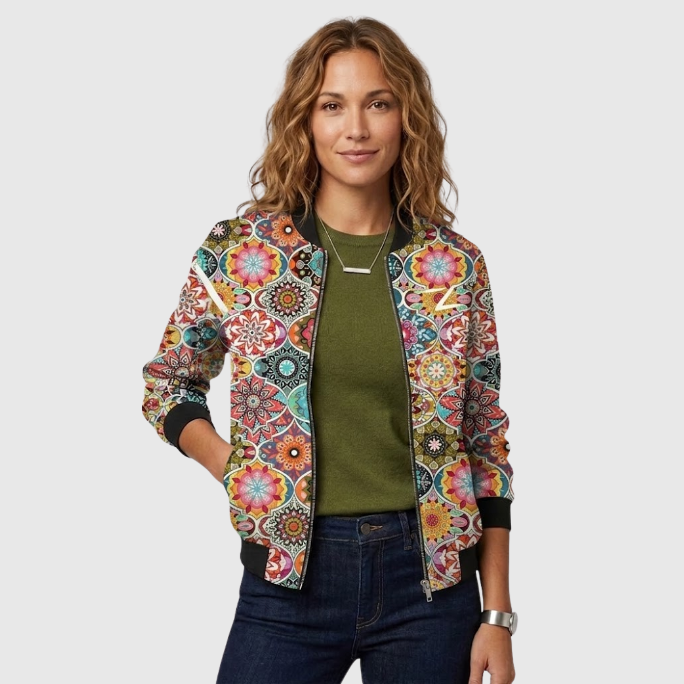Blouson bomber femme imprimé floral fermeture zippée manches longues