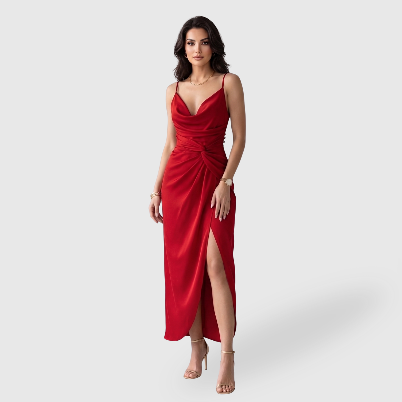 Robe longue femme col V fines bretelles fente jambe coupe ajustée