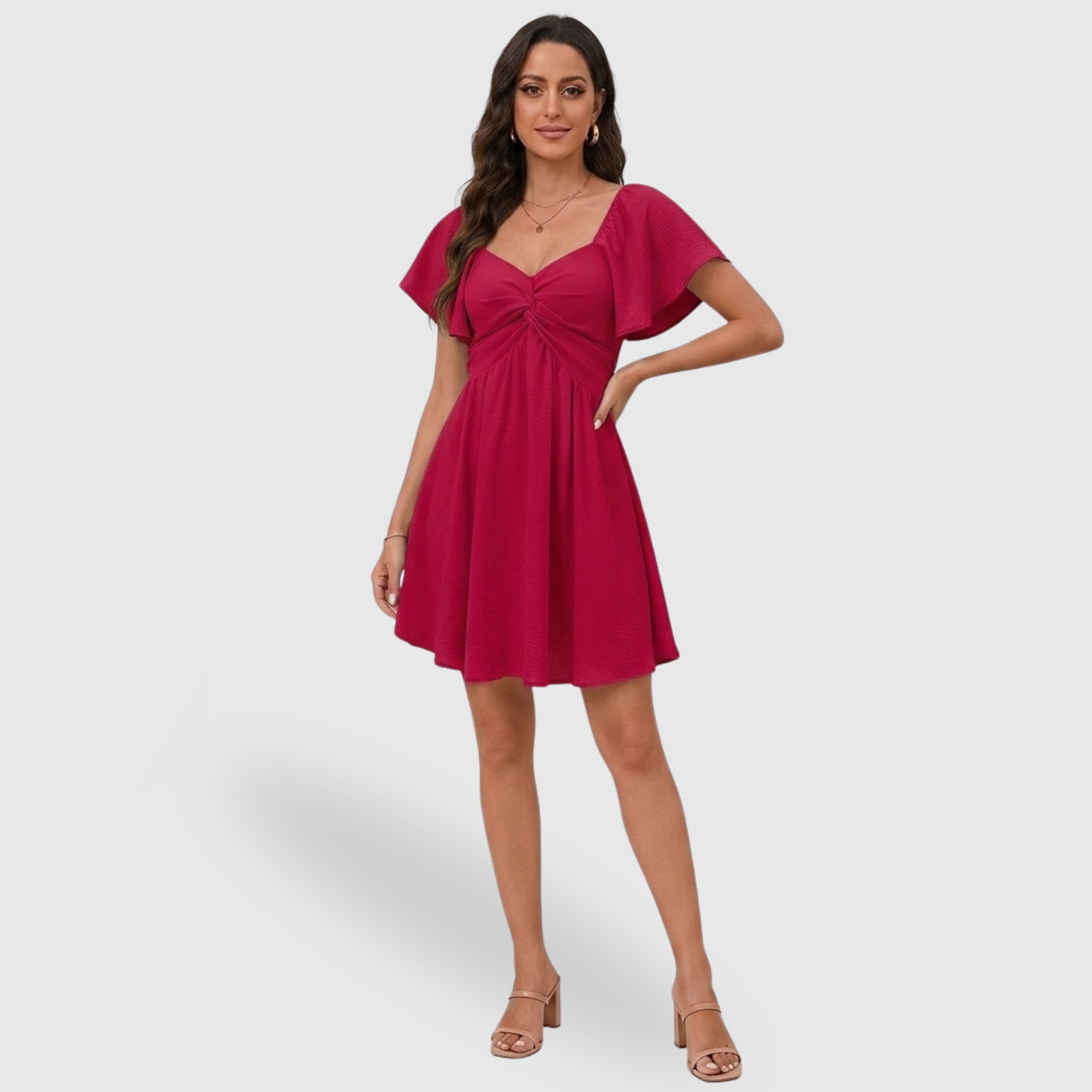 Robe courte femme col cœur manches volantées coupe évasée fluide