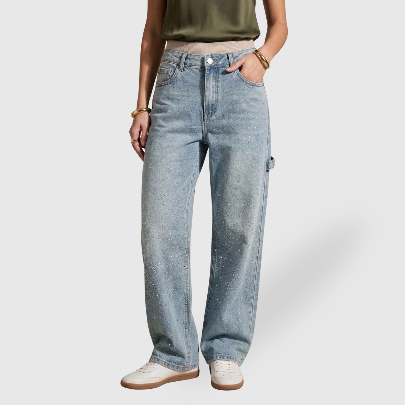Jean large femme taille haute coupe oversize denim effet brillant