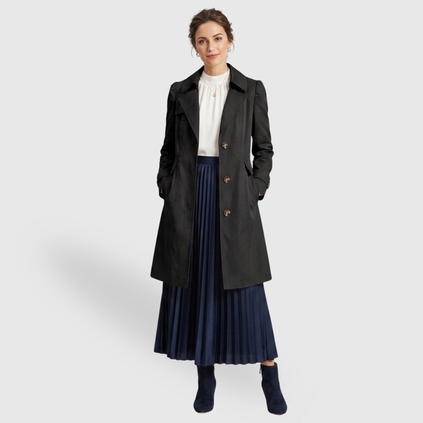 Trench femme ceinturé mi-long à boutons coupe ajustée