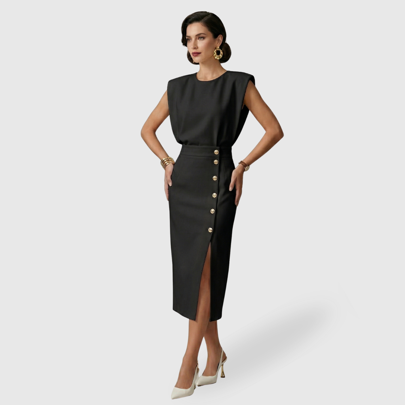 Robe midi femme sans manches ceinturée fente avant fermeture boutonnée