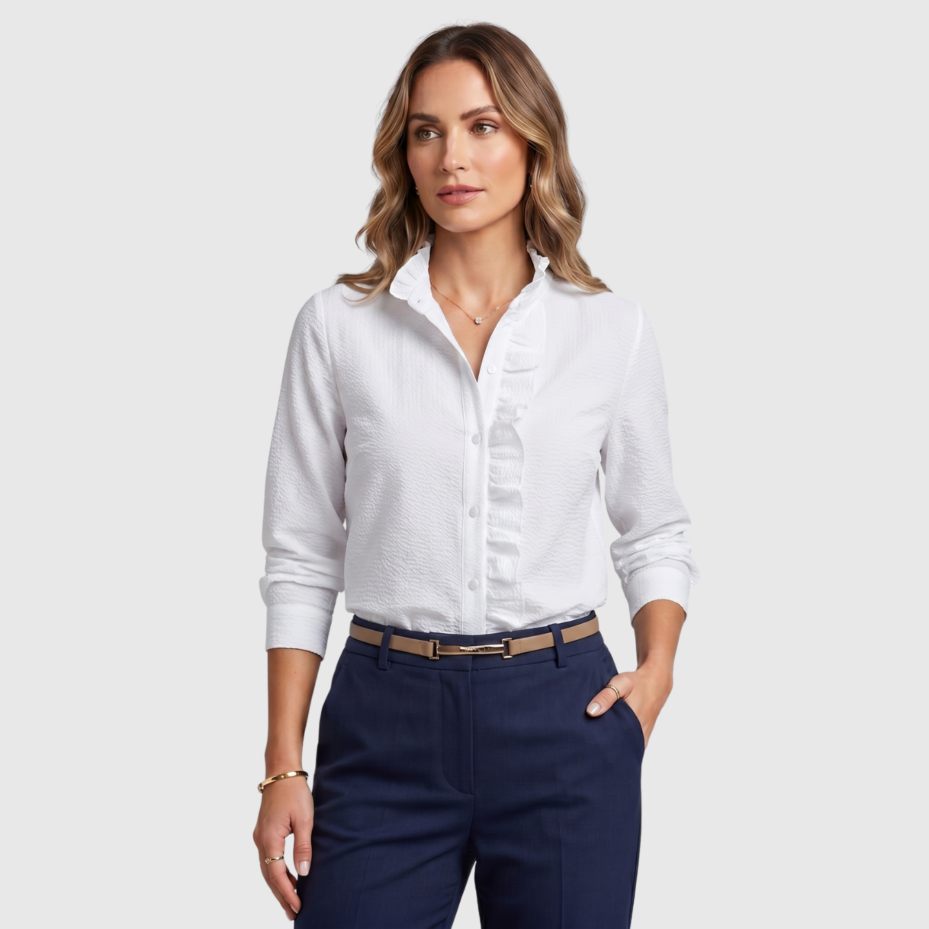 Chemise femme volantée manches longues col montant boutonné