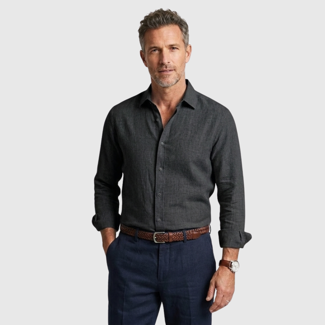Chemise homme en lin manches longues col boutonné coupe décontractée été