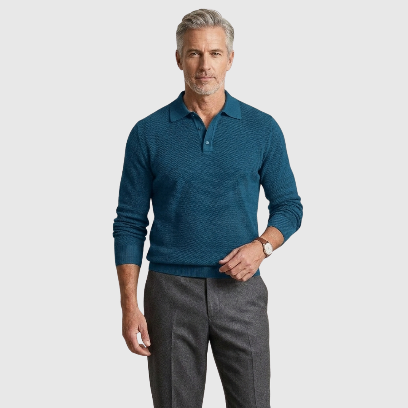 Polo homme manches longues coton mélangé col boutonné coupe droite
