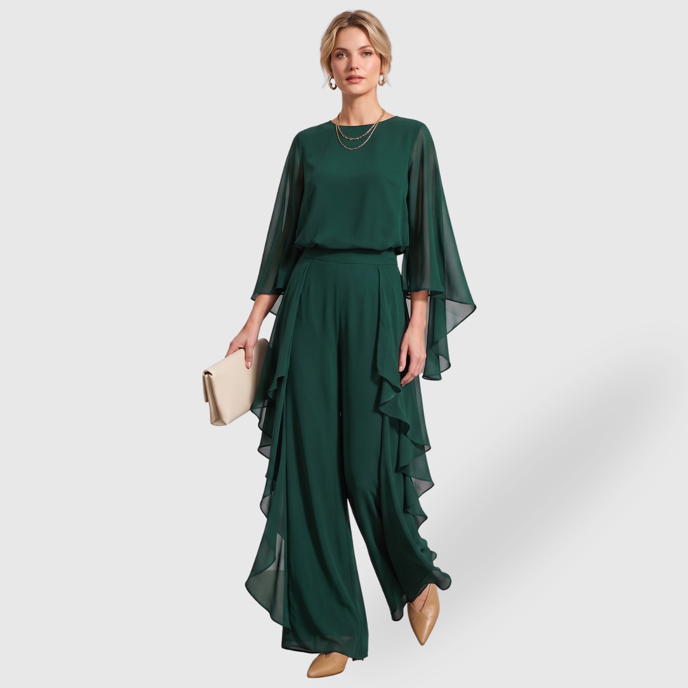 Ensemble femme mousseline pantalon large et blouse manches évasées
