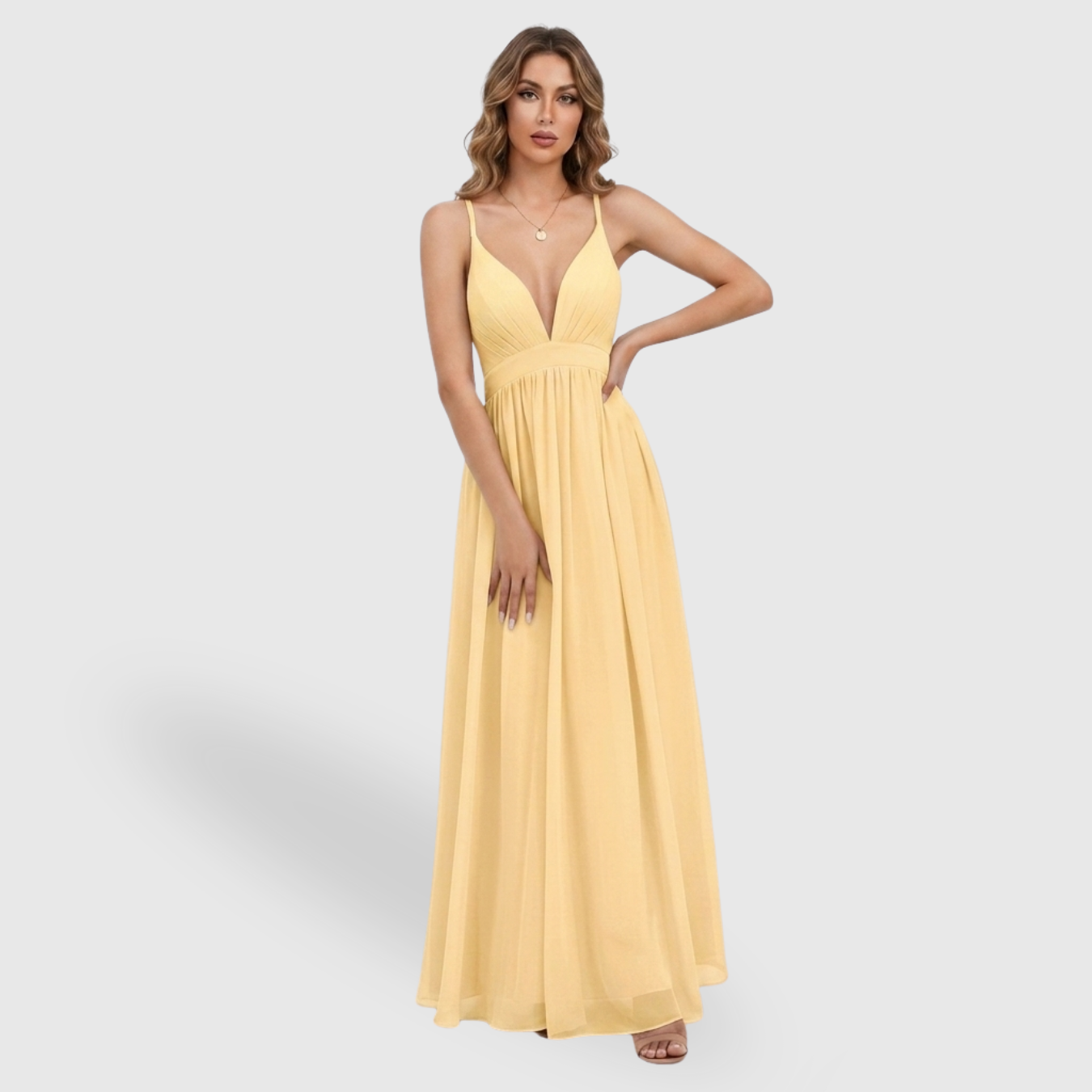 Robe de cérémonie femme longue mousseline bretelles décolleté plongeant