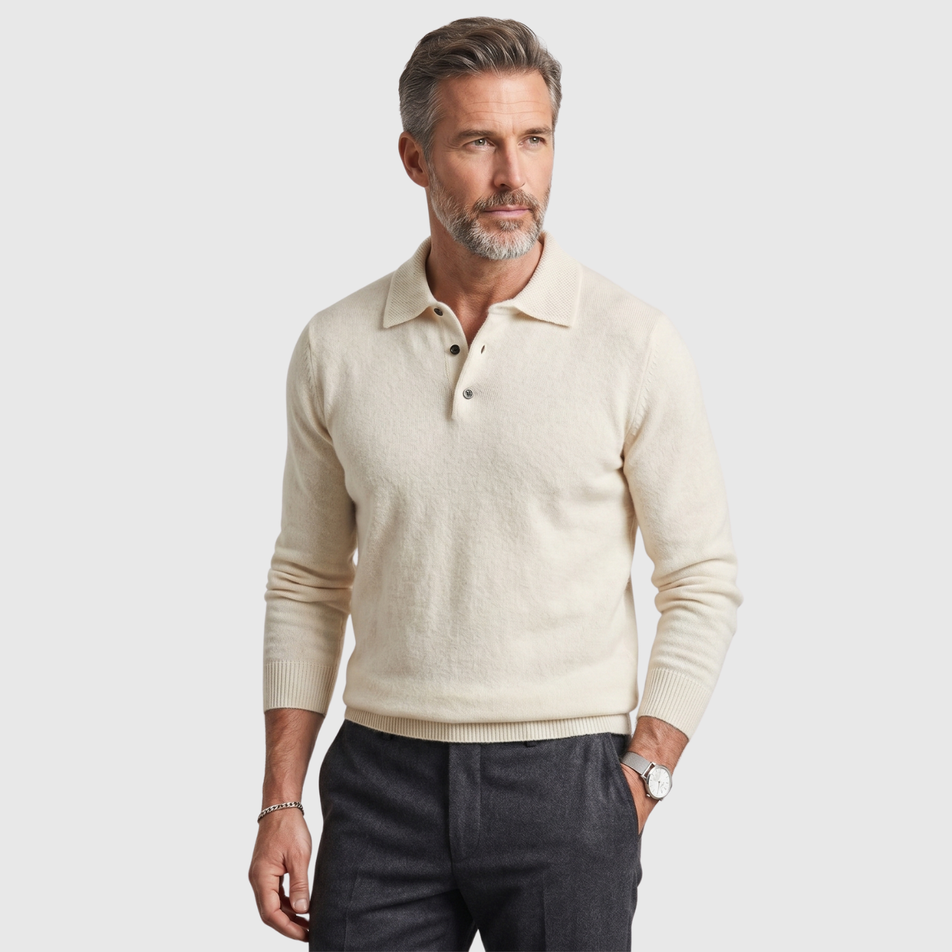 Pull homme laine mérinos col polo boutonné manches longues coupe droite