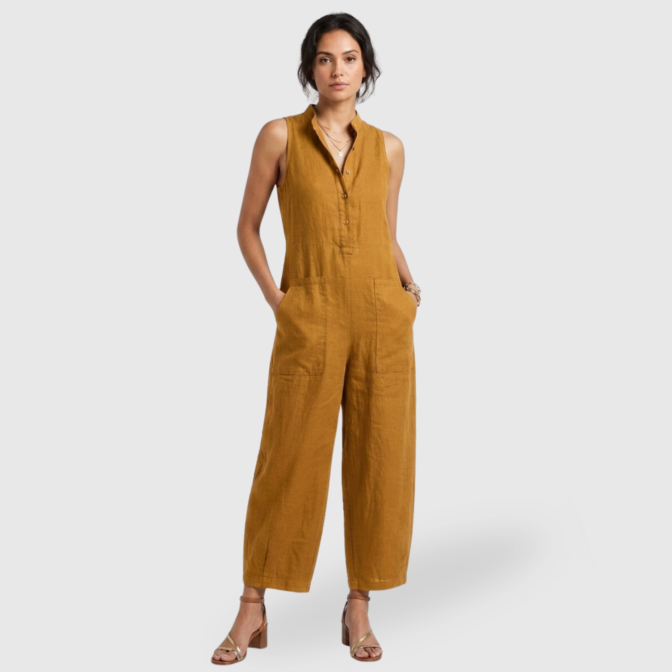 Combinaison femme lin mélangé sans manches coupe ample