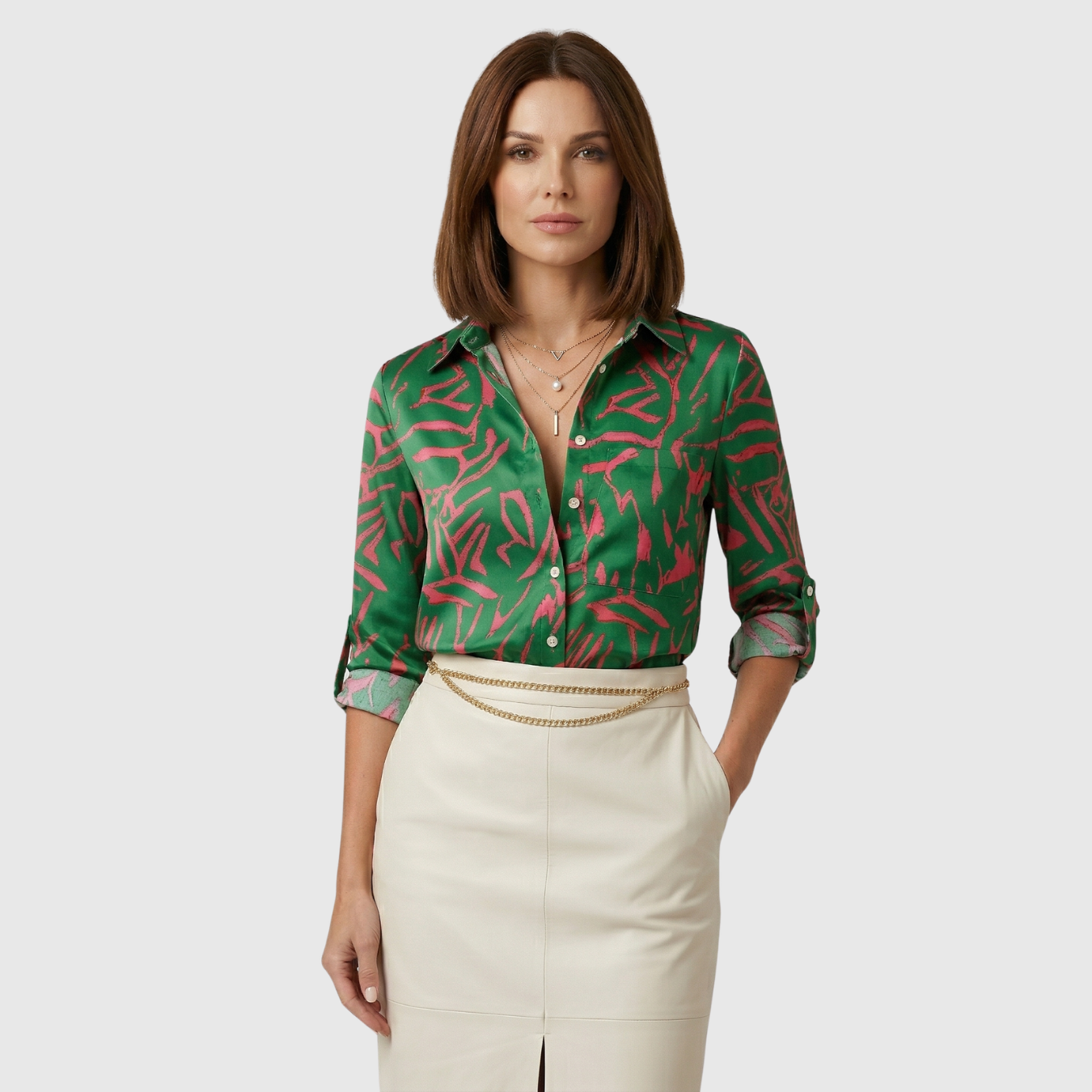 Chemisier femme manches longues imprimé col rabattu coupe fluide boutonné