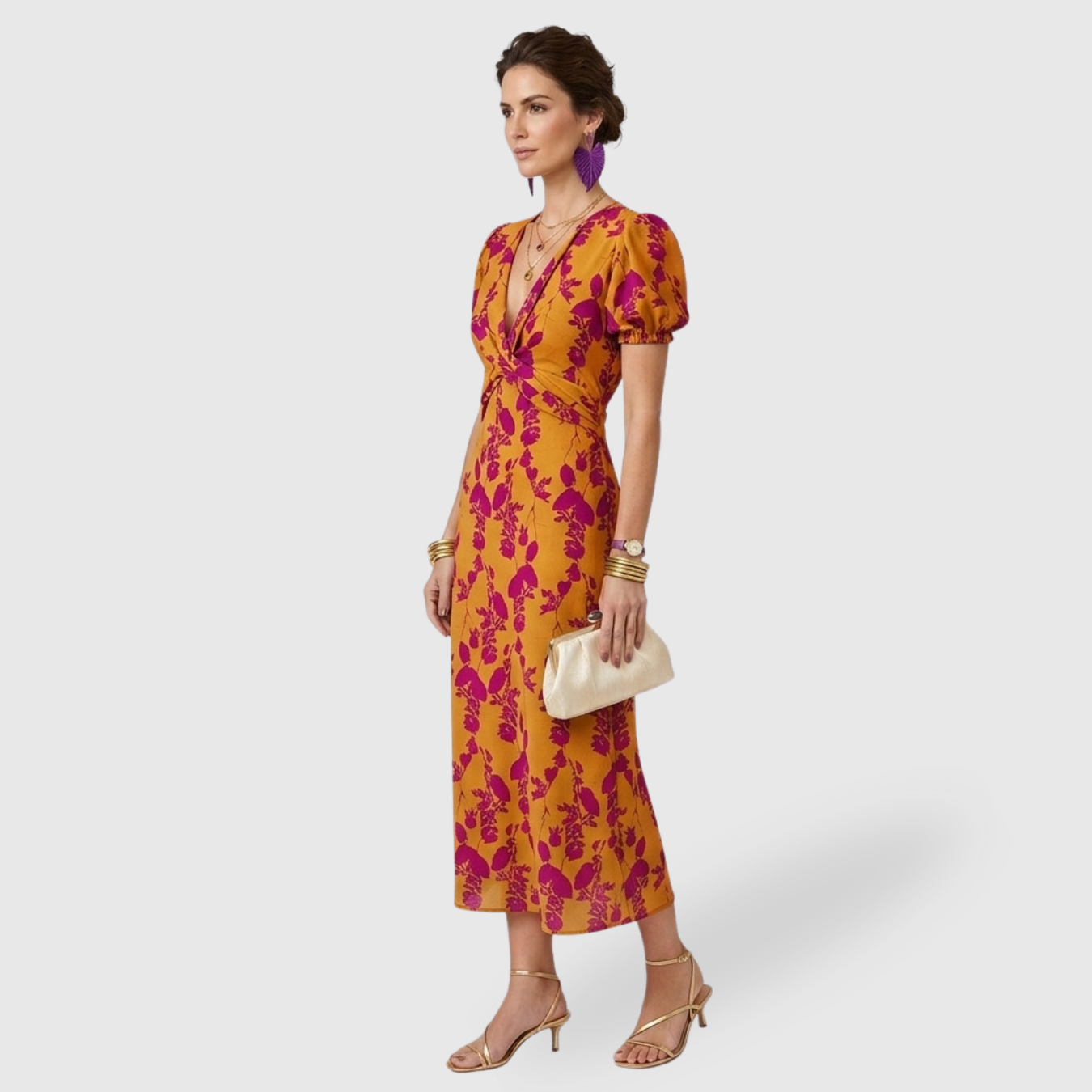 Robe longue femme fluide manches courtes col V taille ajustée été