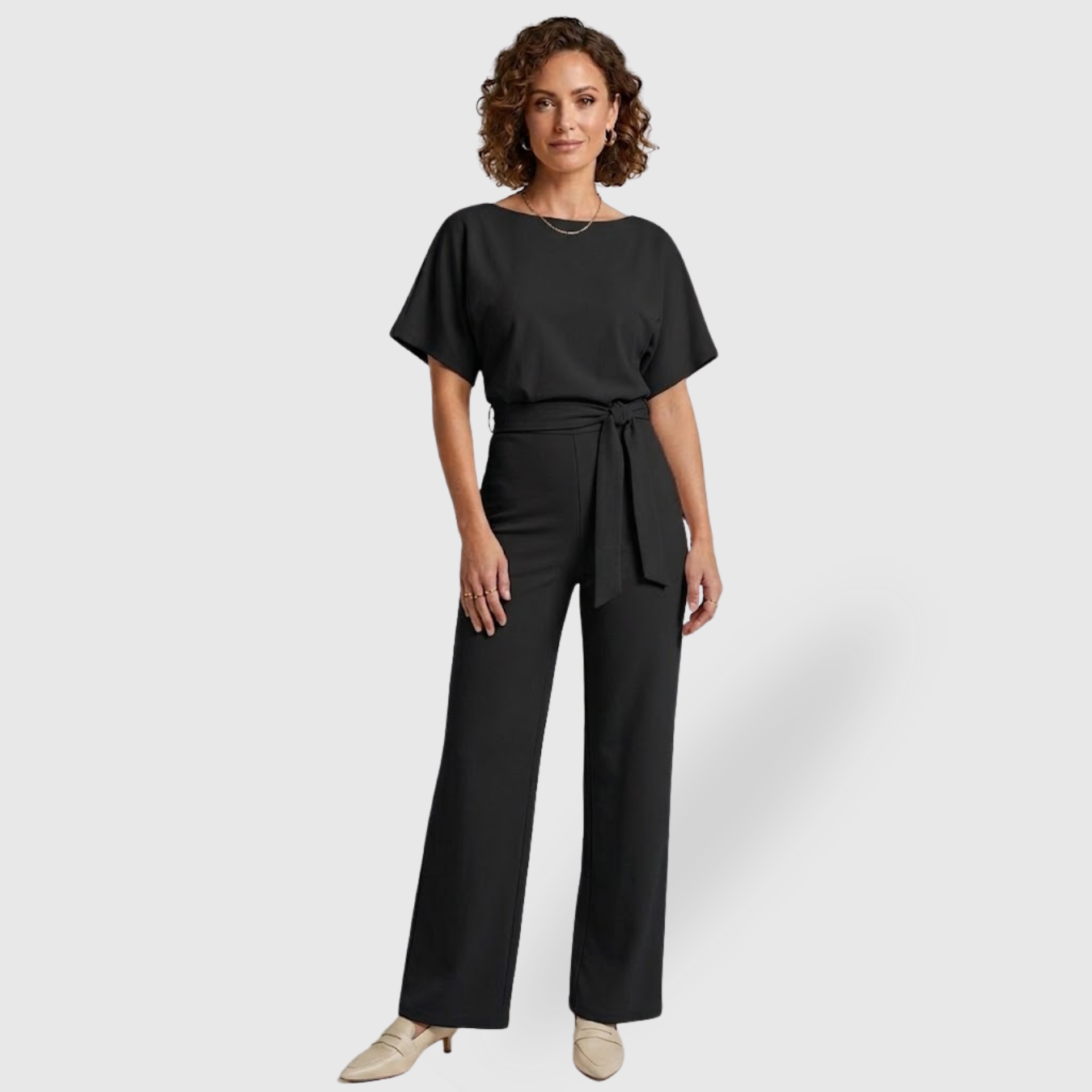 Combinaison pantalon femme manches courtes taille ceinturée coupe large