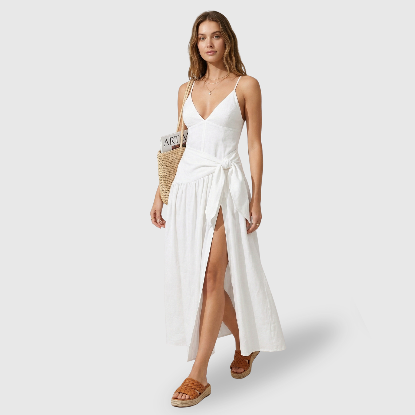 Robe longue femme en lin col en V manches courtes taille nouée coupe fluide
