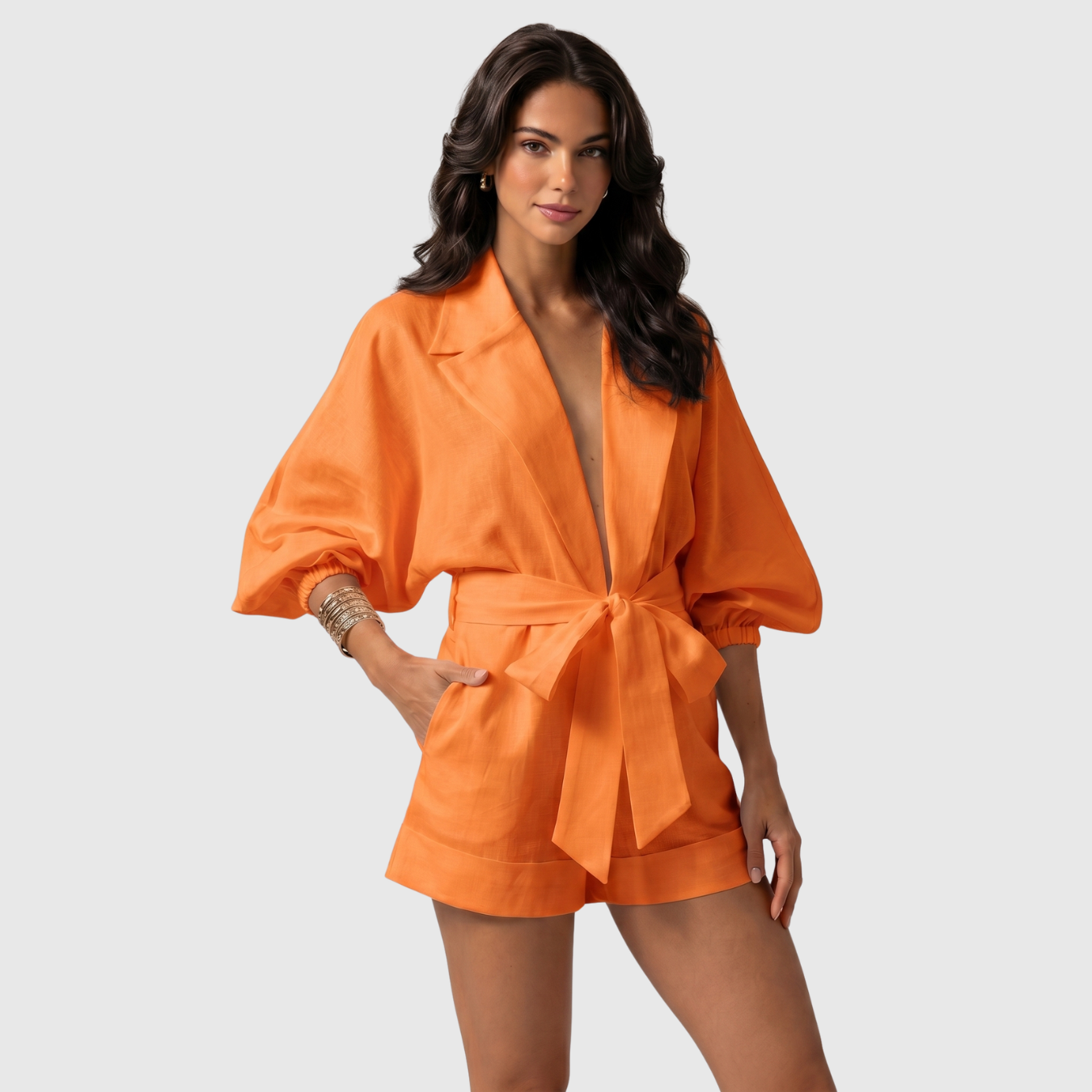 Combinaison short femme coton lin ceinturée manches longues