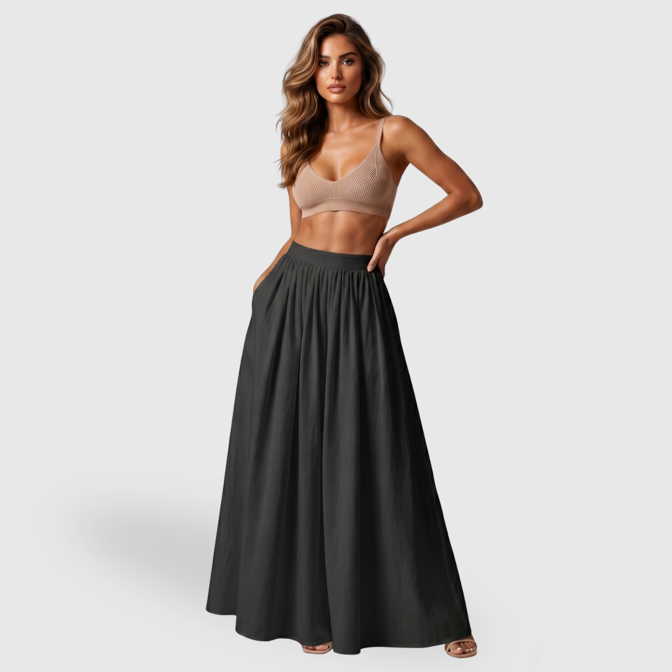 Jupe longue femme en lin taille haute coupe fluide plissée