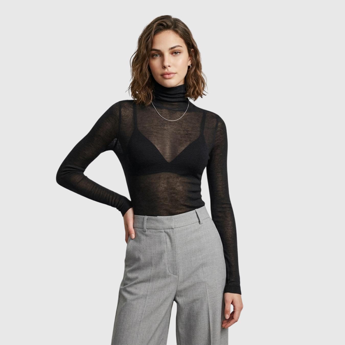 Pull col roulé femme laine mélangée transparent manches longues