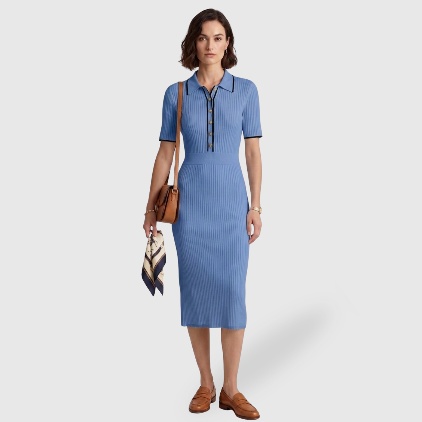 Robe midi femme maille col polo manches courtes coupe ajustée