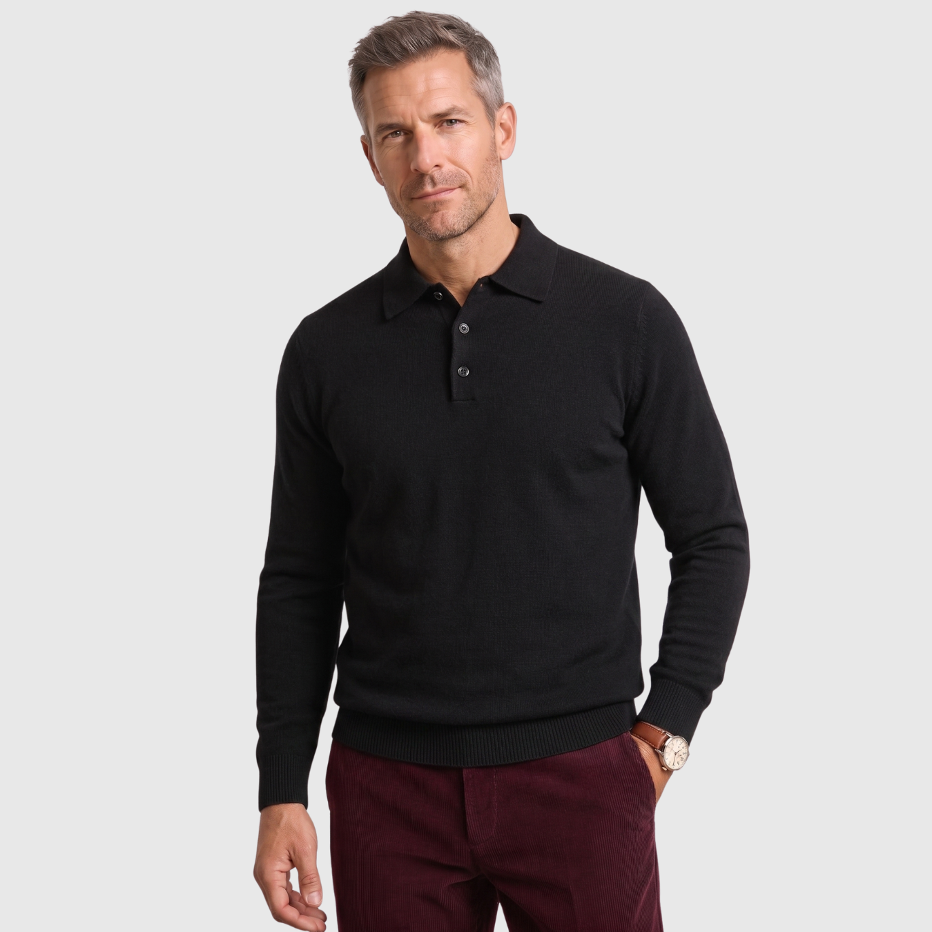 Pull homme col polo laine mérinos manches longues coupe ajustée