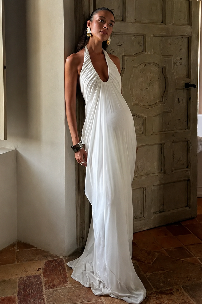 Robe Maxi Maternité Col Licou Dos Ouvert Fluide