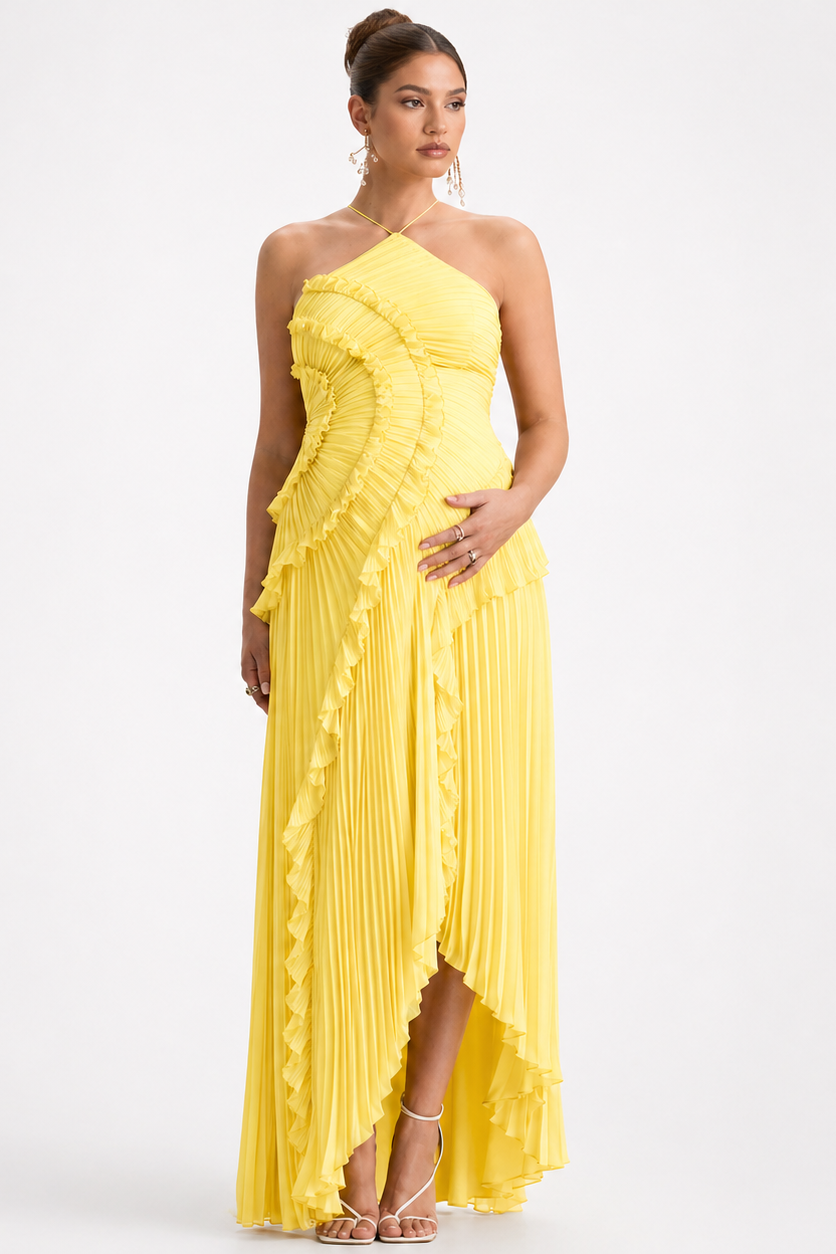 Robe Maxi Maternité Col Licou Plissée Baby Shower
