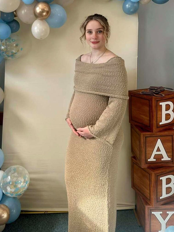 Robe Maxi Maternité Maille Épaules Dénudées Ajourée