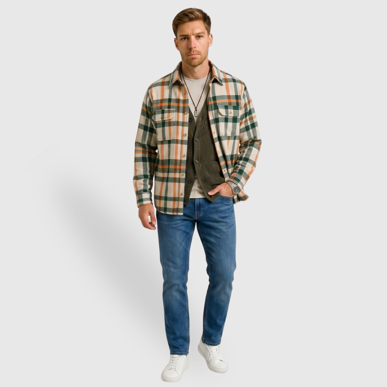 Chemise homme à carreaux coton polyester manches longues coupe décontractée