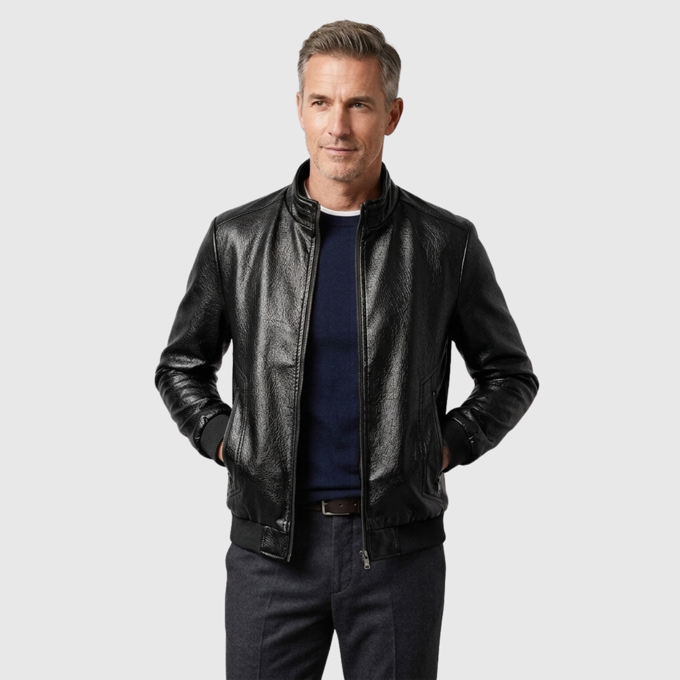 Veste en cuir homme zippée col montant coupe ajustée style biker