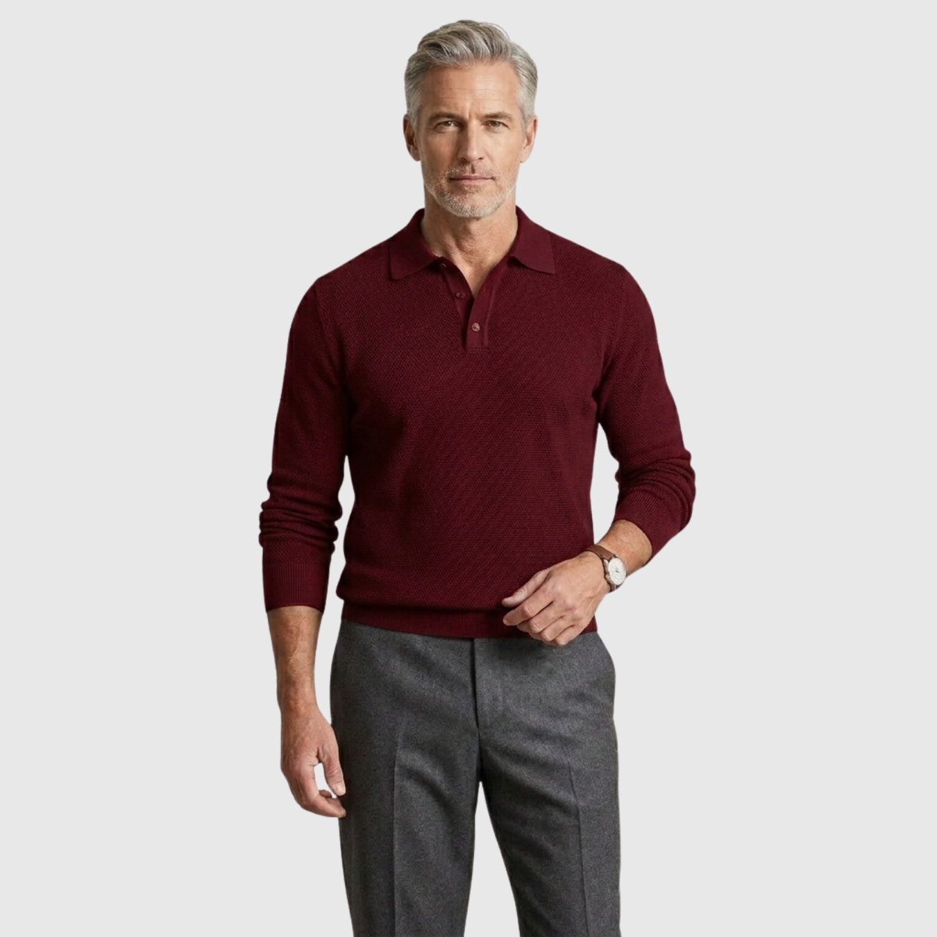 Polo homme manches longues coton mélangé col boutonné coupe droite
