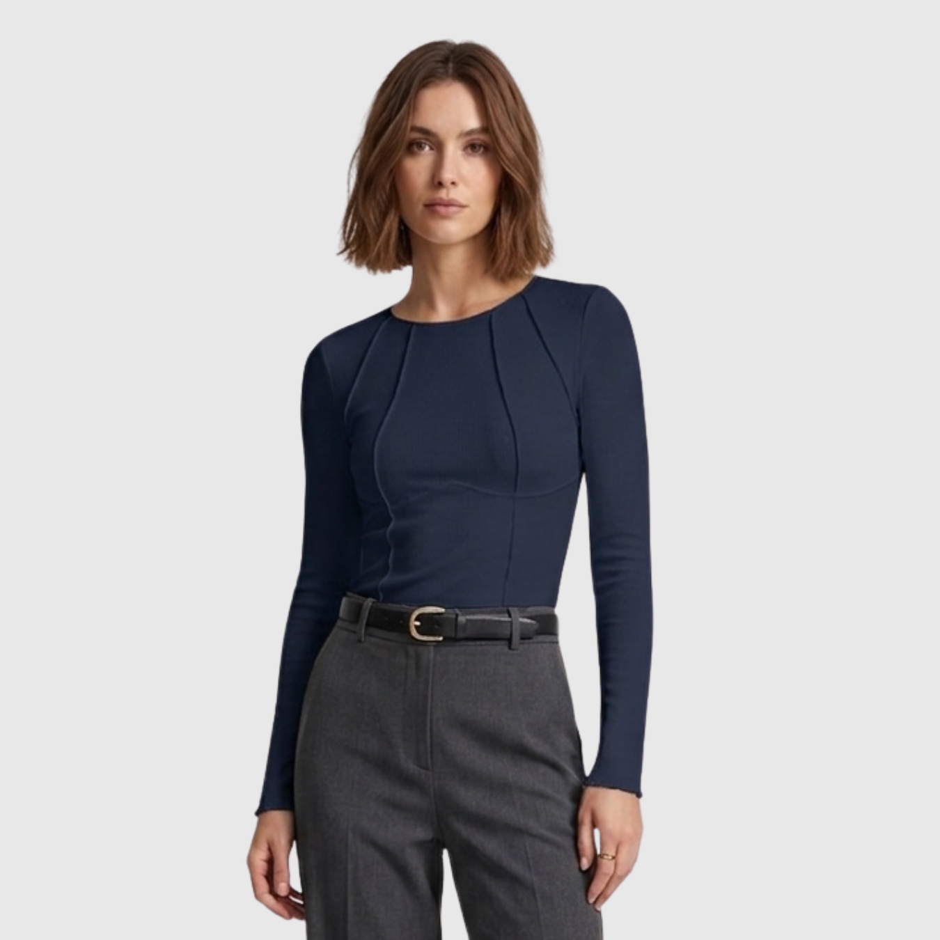 Top manches longues femme ajusté détail piping col rond